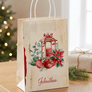 Watercolor Poinsettia Vintage Christmas Lantern Medium Gift Bag