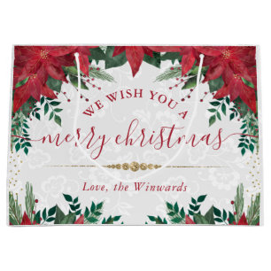 Watercolor Poinsettia Winter Merry Christmas Large Gift Bag