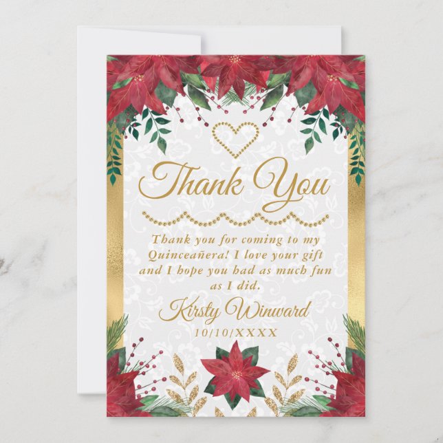 Watercolor Poinsettia Winter Quinceañera Thank You Card (Front)