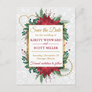 Watercolor Poinsettia Winter Wedding Save The Date Postcard