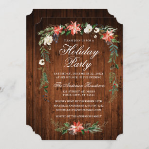 Watercolor Poinsettia Wood Holiday Party Invitation