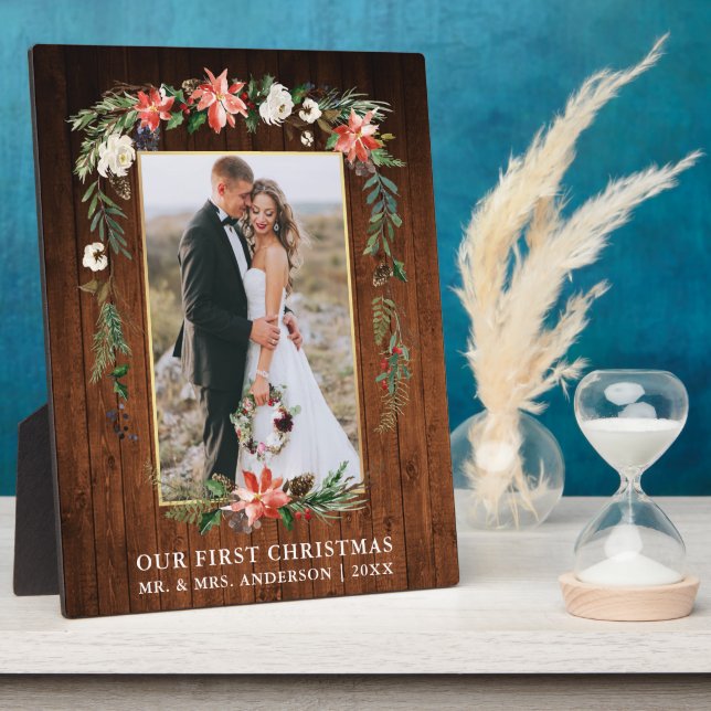 Watercolor Poinsettia Wood Our First Christmas  Plaque (Side)