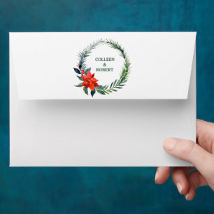 Watercolor Poinsettia Wreath Christmas Wedding Envelope