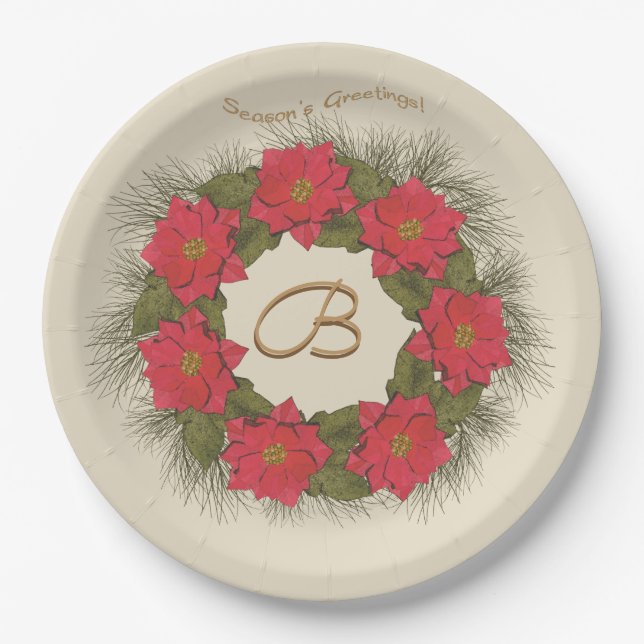 Watercolor Poinsettia Wreath - Monogrammed Paper Plate (Front)