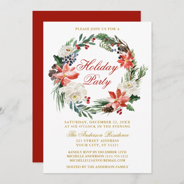 Watercolor Poinsettia Wreath Red Holiday Party Invitation (Front/Back)