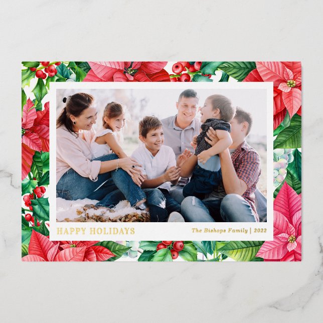 Watercolor Poinsettias and Berries Happy Holidays Foil Holiday Card (Front)