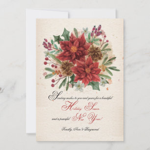 Watercolor Poinsettias and Pine Cones Card