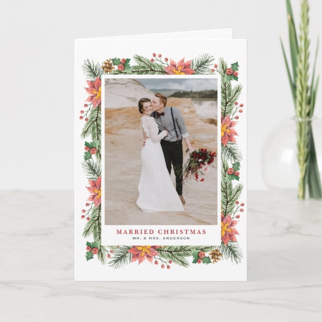 Watercolor Poinsettias Christmas Frame Wedding Holiday Card (Front)