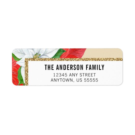 Watercolor Poinsettias Faux Glitter Gold Christmas Return Address Label