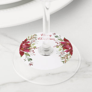 Watercolor Poinsettias Floral Christmas Party Wine Glass Tag