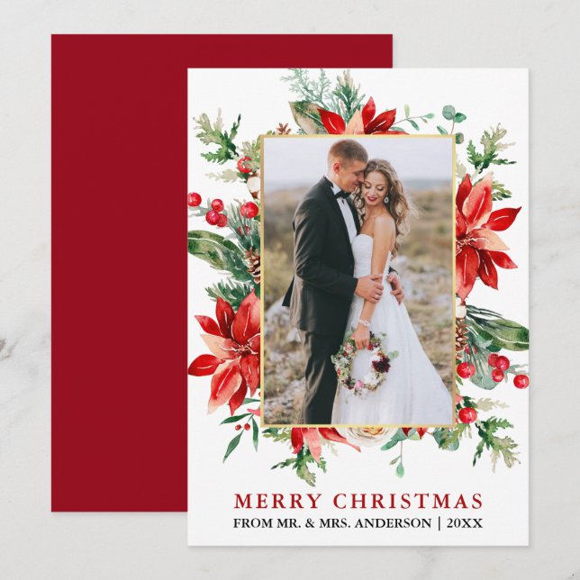 Watercolor Poinsettias Newlywed Christmas Gold Holiday Card (Front/Back)