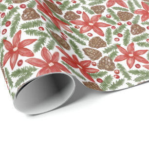 Watercolor Poinsettias Pine & Berries Christmas Wrapping Paper