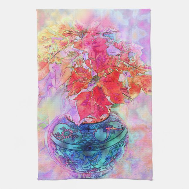 Watercolor Poinsettias Tea Towel (Vertical)