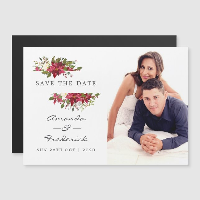 Watercolor Pointsetias Christmas Wedding Magnetic Invitation (Front/Back)