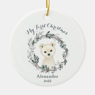 Watercolor Polar Bear Baby's 1st First Christmas Ceramic Tree Decoration