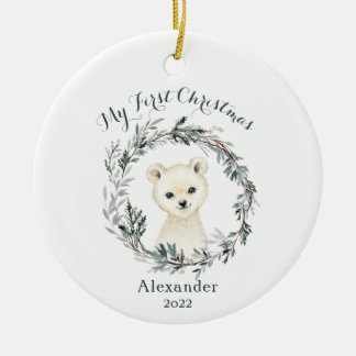Watercolor Polar Bear Baby's 1st First Christmas Ceramic Tree Decoration