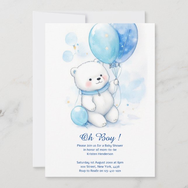 Watercolor Polar Bear Boy Baby Shower Invitation (Front)