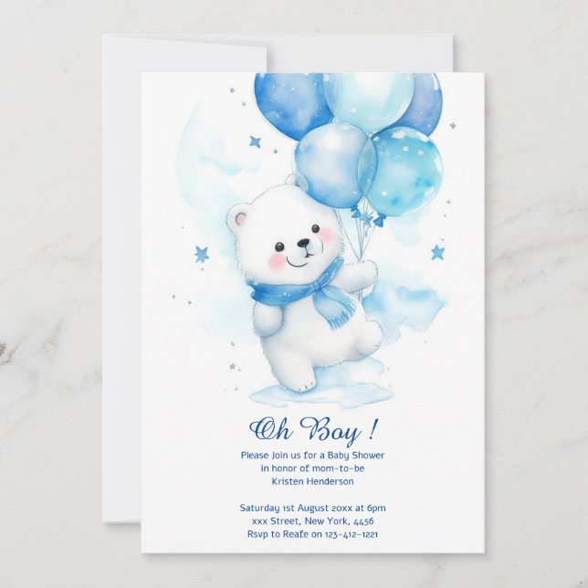 Watercolor Polar Bear Boy Baby Shower Invitation (Front)
