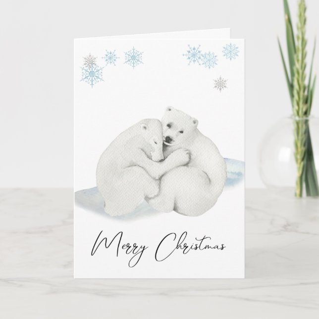 Watercolor Polar Bear Cubs Merry Christmas Holiday Card (Front)