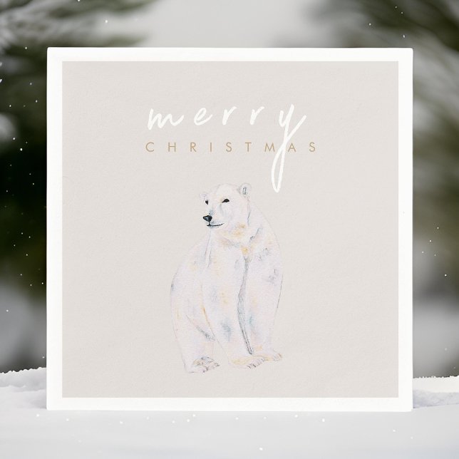 Watercolor Polar Bear Modern Merry Christmas Napkin (Creator Uploaded)