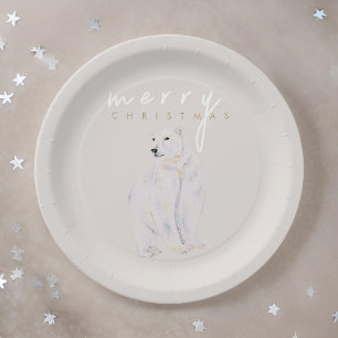 Watercolor Polar Bear Modern Merry Christmas Paper Plate