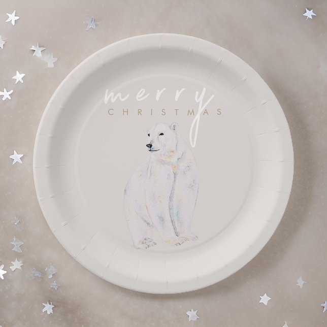 Watercolor Polar Bear Modern Merry Christmas Paper Plate (Creator Uploaded)