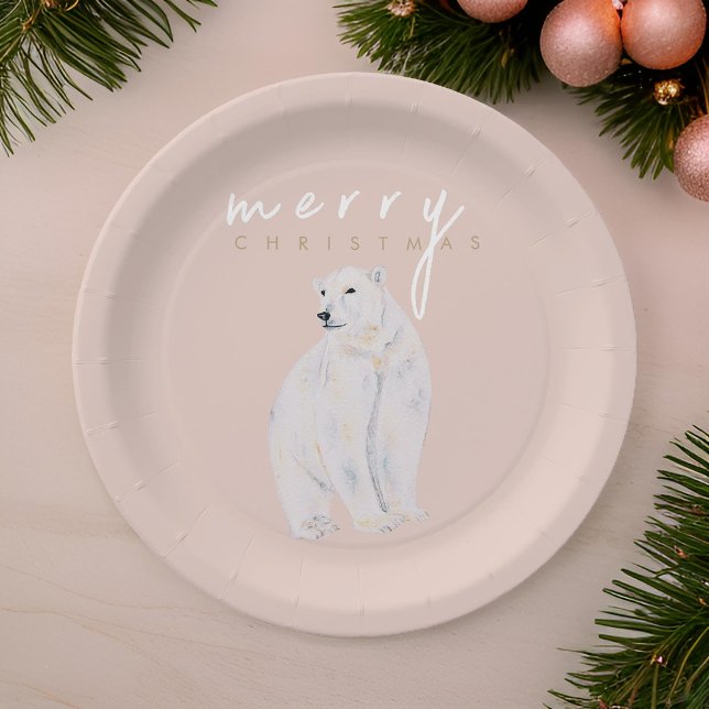 Watercolor Polar Bear Modern Merry Christmas Paper Plate (Creator Uploaded)