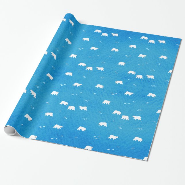Watercolor Polar Bear Pattern in Blue Wrapping Paper (Unrolled)