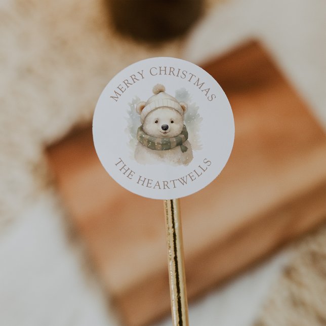 Watercolor Polar Bear Personalised Merry Christmas Classic Round Sticker (Creator Uploaded)
