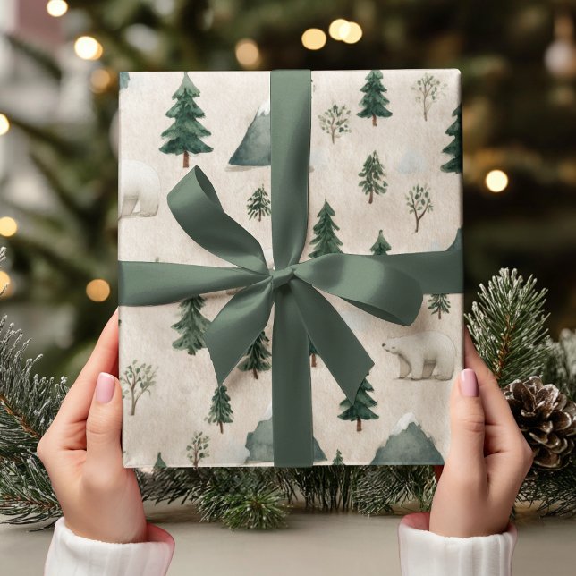 Watercolor Polar Bear & Pine Tree Wrapping Paper (Creator Uploaded)