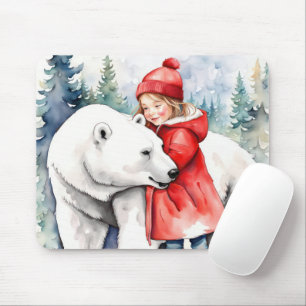 Watercolor Polar Bear With Girl Mouse Mat