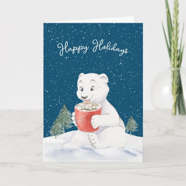 Watercolor Polar Bear With Hot Cocoa Card (Front)