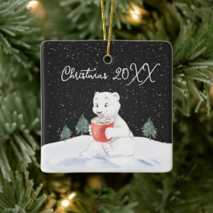 Watercolor Polar Bear With Hot Cocoa Ceramic Ornament