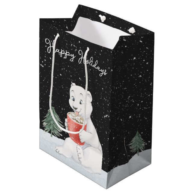 Watercolor Polar Bear With Hot Cocoa Medium Gift Bag (Front Angled)