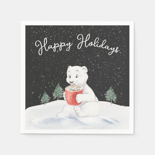 Watercolor Polar Bear With Hot Cocoa Napkin (Front)