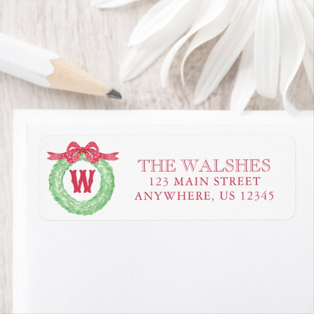Watercolor Polka Dot Bow Monogram Wreath Address (Insitu)