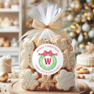 Watercolor Polka Dot Bow Monogram Wreath Classic Round Sticker