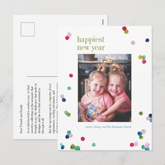 Watercolor Polka Dot Poms New Years Photo Postcard (Front/Back)