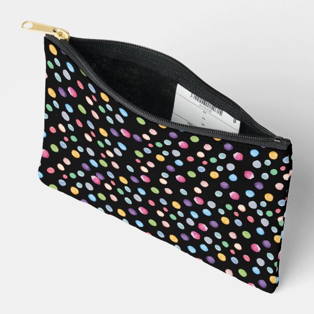 Watercolor Polka Dots On Black Accessory Pouch (Open)