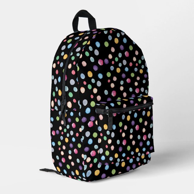 Watercolor Polka Dots On Black Printed Backpack (Back Corner Left)