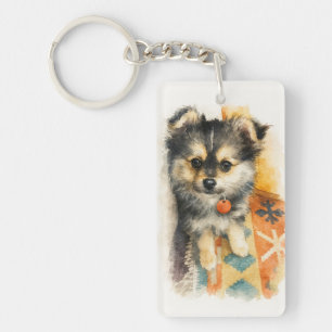 Watercolor Pomchi Puppy Key Ring