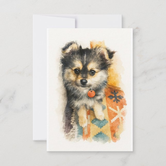 Watercolor Pomchi Puppy  Thank You Card (Front)