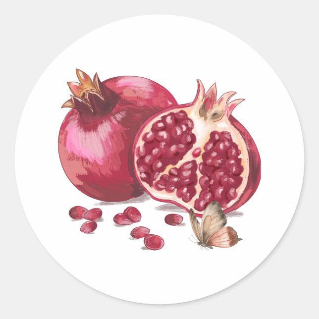 Watercolor Pomegranate Fruit and Butterfly Classic Round Sticker (Front)