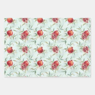 Watercolor Pomegranate Fruit and Leaves Wrapping Paper Sheet
