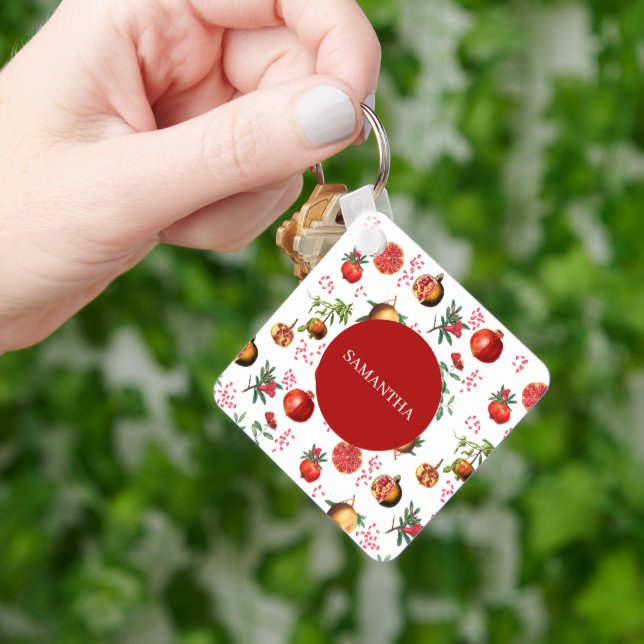 Watercolor Pomegranate Mediterranean Fruit Pattern Key Ring (Hand)