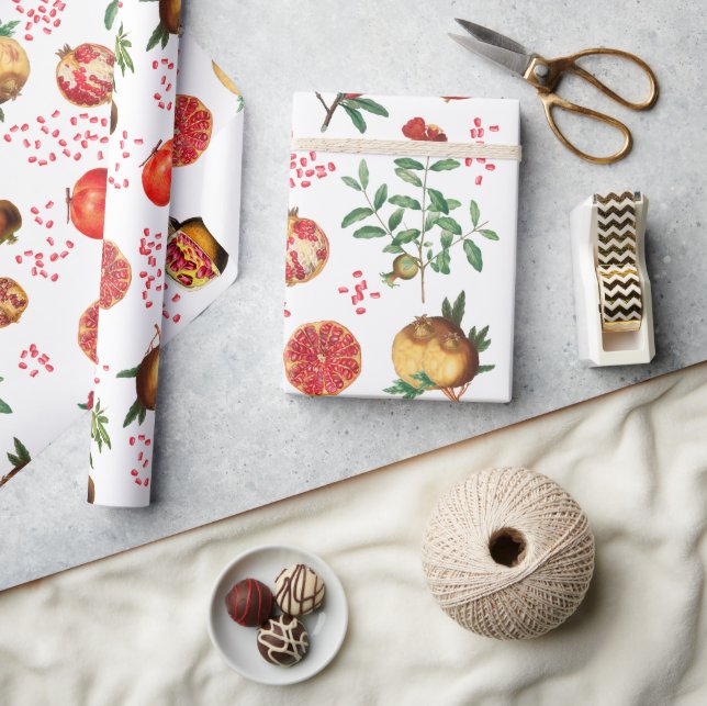 Watercolor Pomegranate Mediterranean Fruit Pattern Wrapping Paper (Crafts)