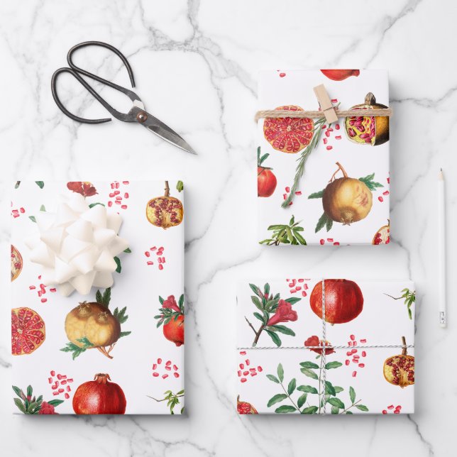 Watercolor Pomegranate Mediterranean Fruit Pattern Wrapping Paper Sheet (Front)