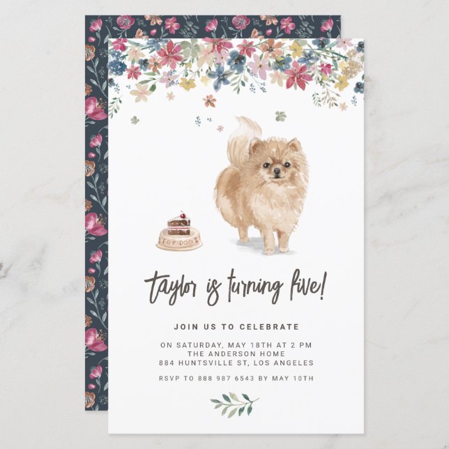 Watercolor Pomeranian Dog Birthday Invitation (Front/Back)