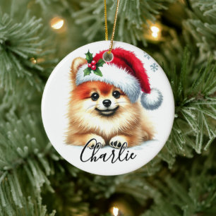 Watercolor Pomeranian Dog Santa Hat Personalised Ceramic Tree Decoration