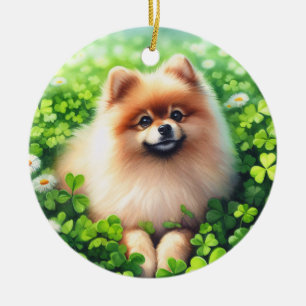 Watercolor Pomeranian Green Shamrock Field Ceramic Tree Decoration